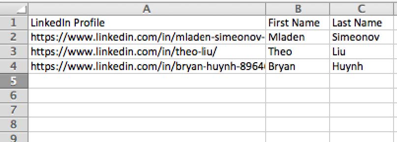 为您想要进行群发操作的LinkedIn个人资料创建一个.CSV文件
